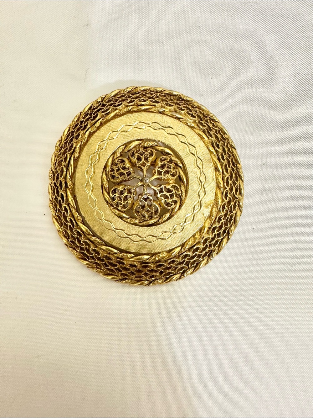 1960s Signed Pastelli Vintage Gold Round Filigree Brooch